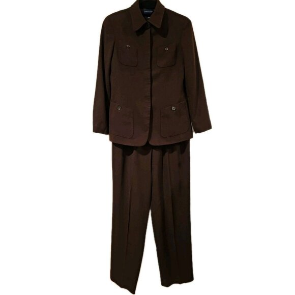 Vtg Anne Klein Women 2 Pc  Wool Pant Suit Sz 10 Brown Blazer Jacket Dress Pants - Picture 1 of 16